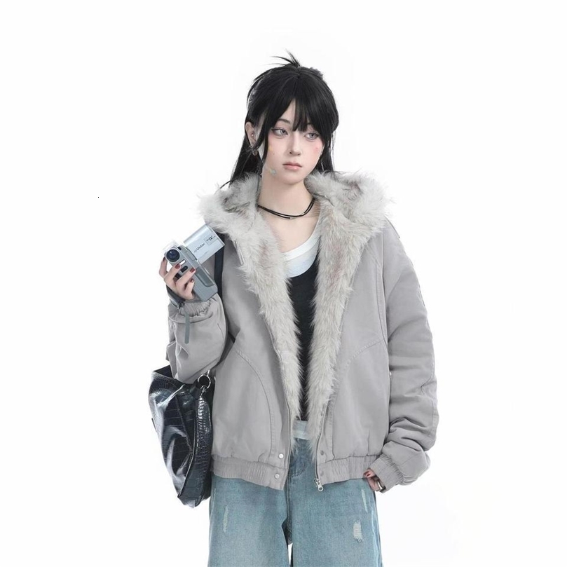Y2K Fashion Niche Fur Collar Cotton Hooded Jacket Women Retro Streetwear Loose Plus Velvet Warm Harajuku Casual Plush Jacket250828