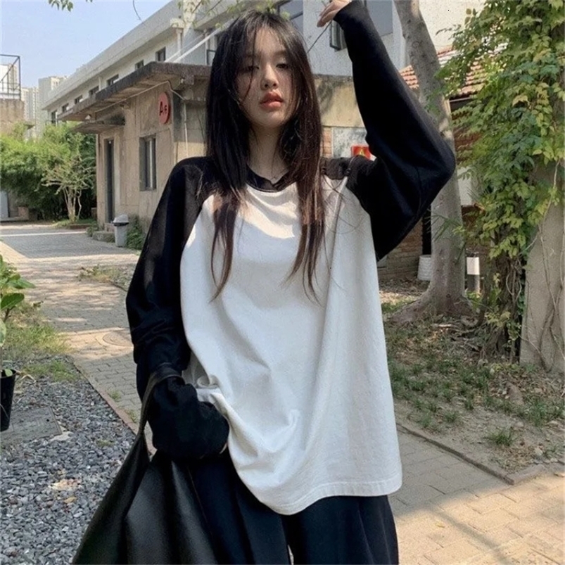 Casual Oversized T Shirt Y2k Tops Harajuku Long Sleeve ONeck TShirts Spring Autumn Black White Patchwork Tees Women Streetwear250828ww