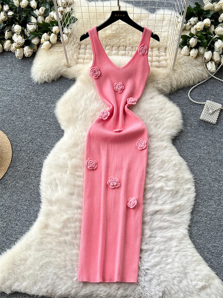 SINGREINY Knitted 3D Flower Chic Dress Sleeveless Slim Solid Elastic Sundres Summer Casual Fashion Bodycon Long Dresses 250828