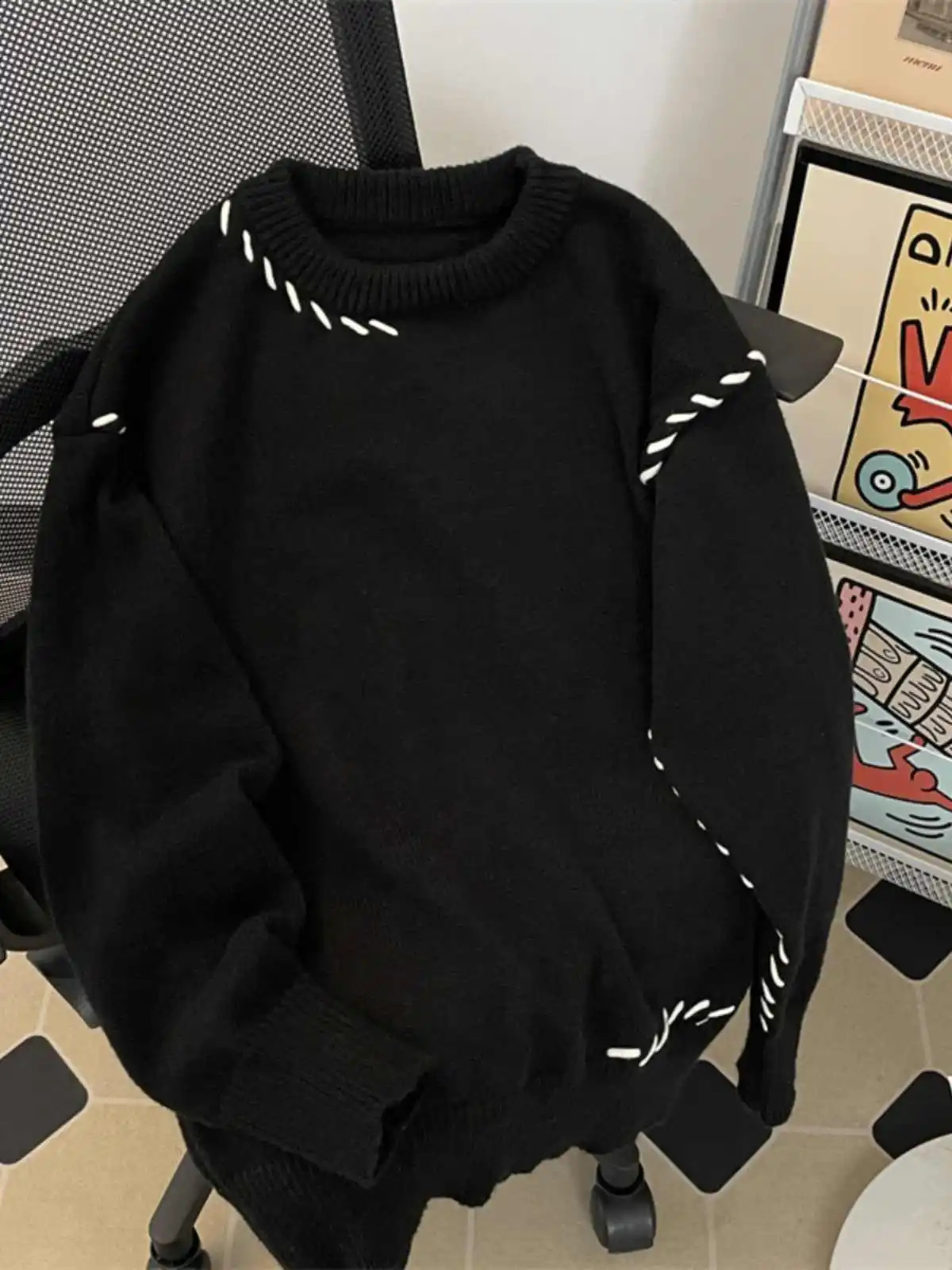 Women Black Gothic ONeck Pullover Sweater Harajuku Vintage 2000s Y2k Long Sleeve Knitwear Oversize Cashmere Sweater Autumn 2025 250828