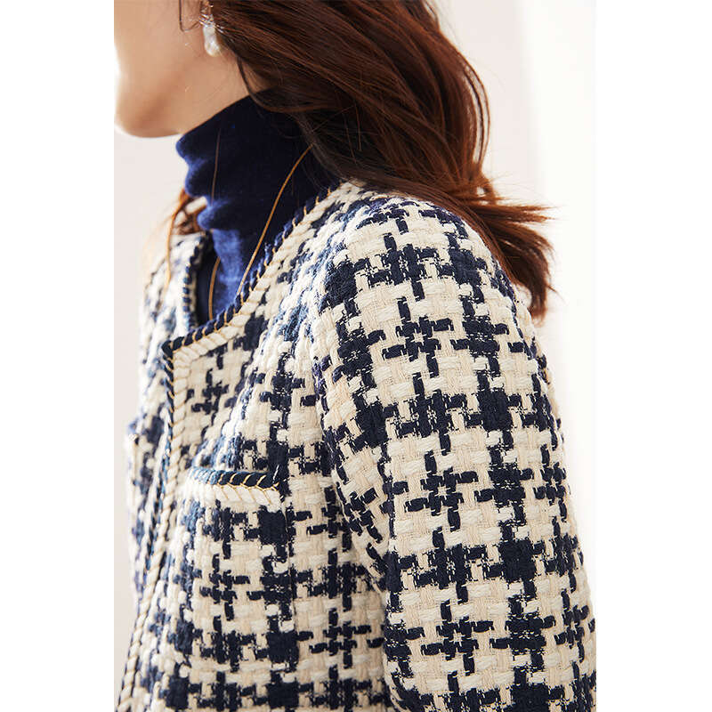 Knitted Houndstooth Women's Spring And Autumn New Lamb Wool Short Woolen Coat B3