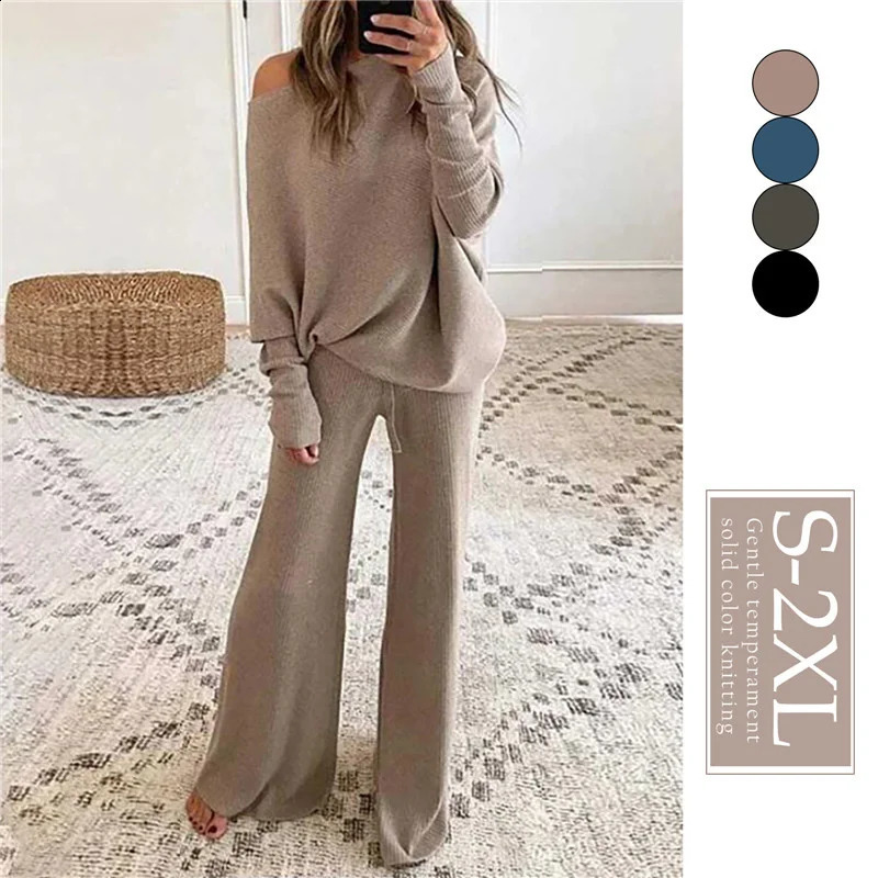 2pcs Autumn Winter Pant Suits Women Outfits Knitted Pullover off shoulder Top Wide Leg Pants Twopiece Set Women Tracksuits 250828