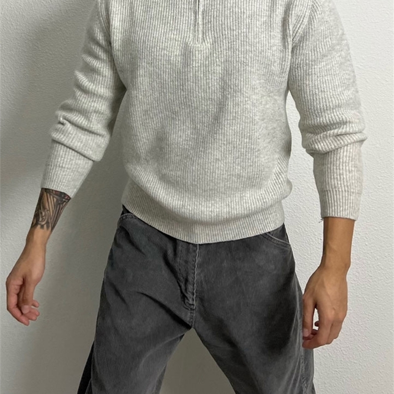American Sle Hard Man f Zip High Collar Knitted Muscle Men Slim Elastic Long Sve Tirt Pure Color Striped Sweater 250828