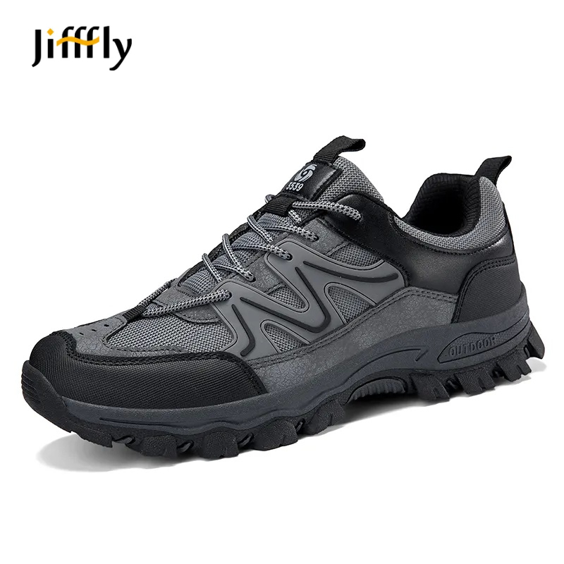 Jiffly Men's Waterproof Hiking Shoes, Genuine Leather Mesh Upper, Aggressive-Tread Mountaineering Boots with Hook-and-Loop Closure, Breathable Summe