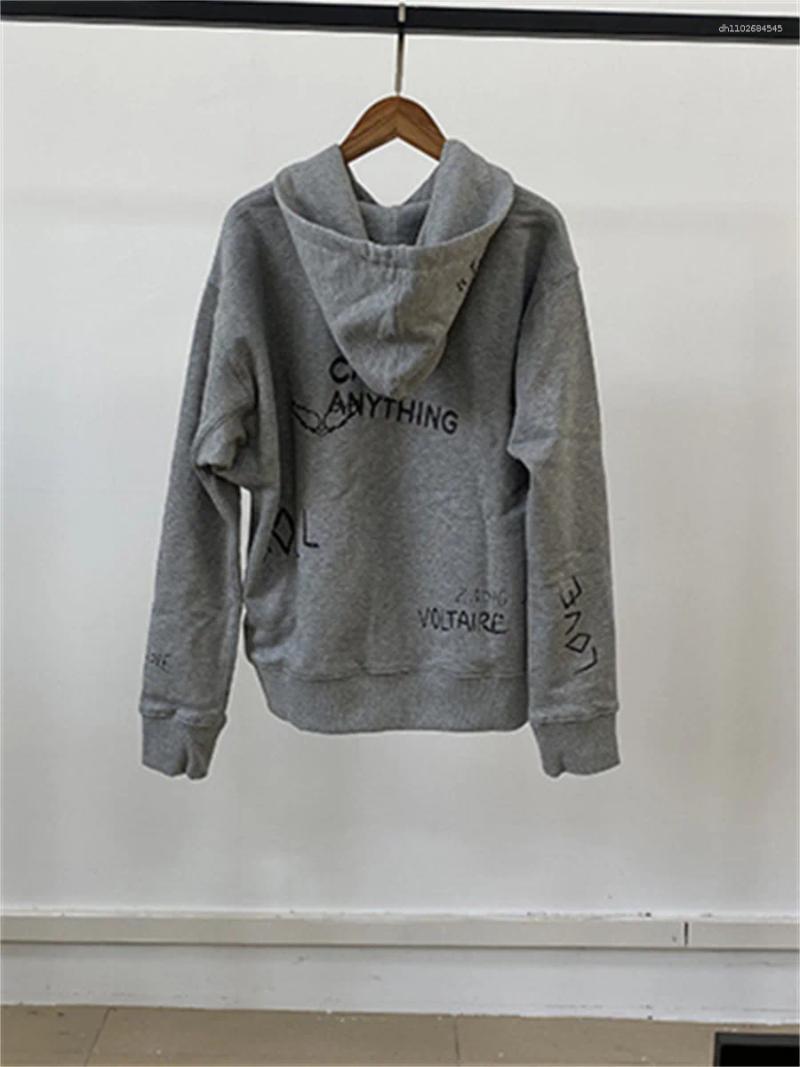 Women's Hoodies Gray Letter Graffiti Hooded Sweatshirt Cotton Fleece Zipper Long Sleeve Drawstring Loose Fall Winter