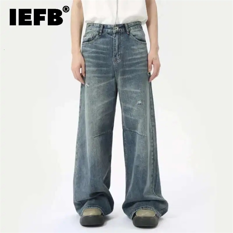 IEFB American Style Mens Denim Pants Washing Fashion Loose Mens Straight Trousers Casual Wide Leg Jeans Summer 2024 9C6303250828