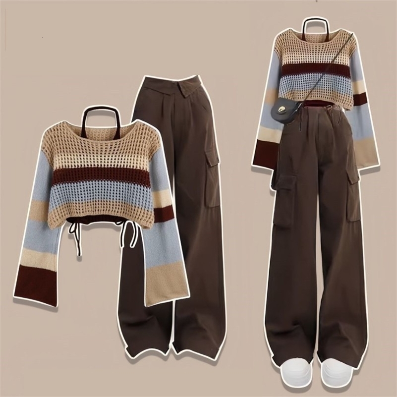 Womens Spring Vintage Hollow Stripe Long Sleeved KnitwearStrapCargo Pants Suit Korean Elegant Sweater Trousers Matching Set 250828