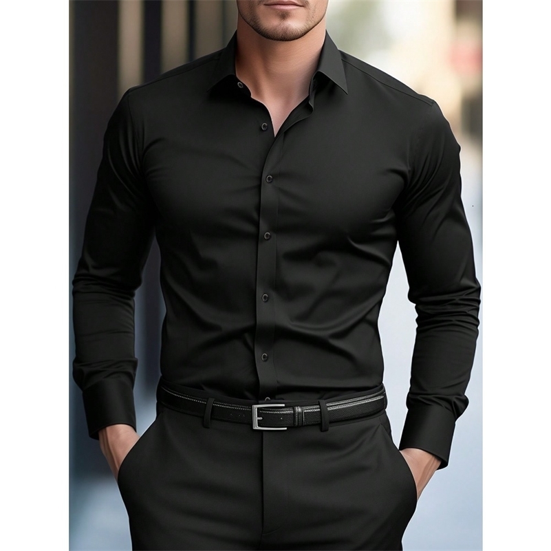 2025 Mens Shirt Solid Color Long Sleeve Smart Casual Four Season Elastic Male Business Shirts y250828