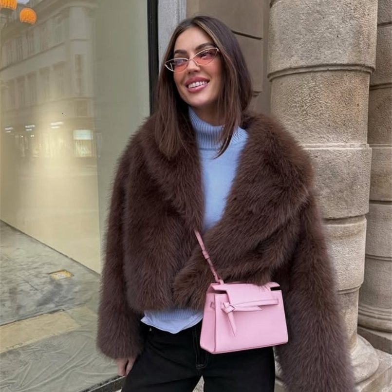 Coffee Faux Fur Short Coat Women Fluffy Lapel Long Sleeve Warm Thick Loose Jacket 2025 Fashion Winter Lady High Street Outwear250828