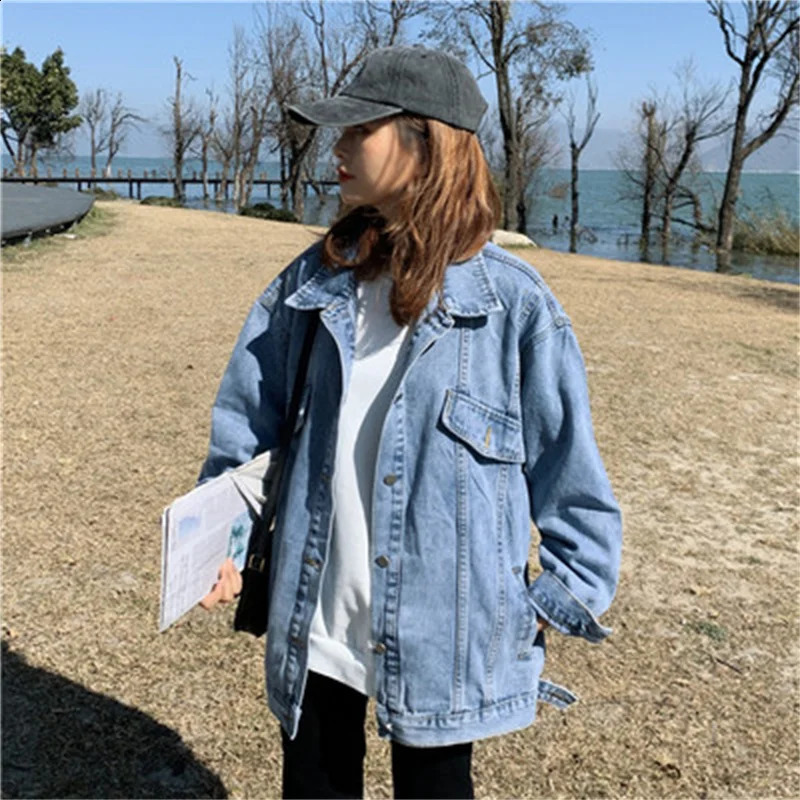 Spring Loose Allmatch Denim Coat Female Fat mm Korean Version bf Retro Hong Kong Style Show Thin Jacket Top Solid Color 250828