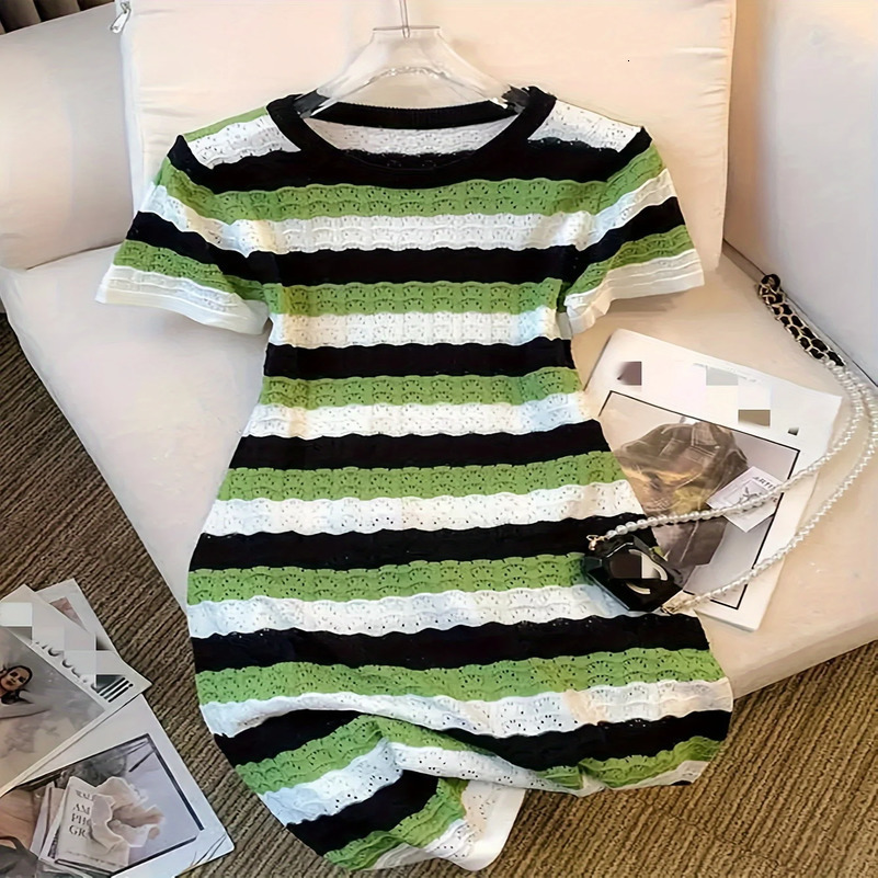 Colorful Striped Crew Neck Dress Chic Short Sleeve Bag Hip Mini Knitted For Spring Summer Womens Clothing 250828