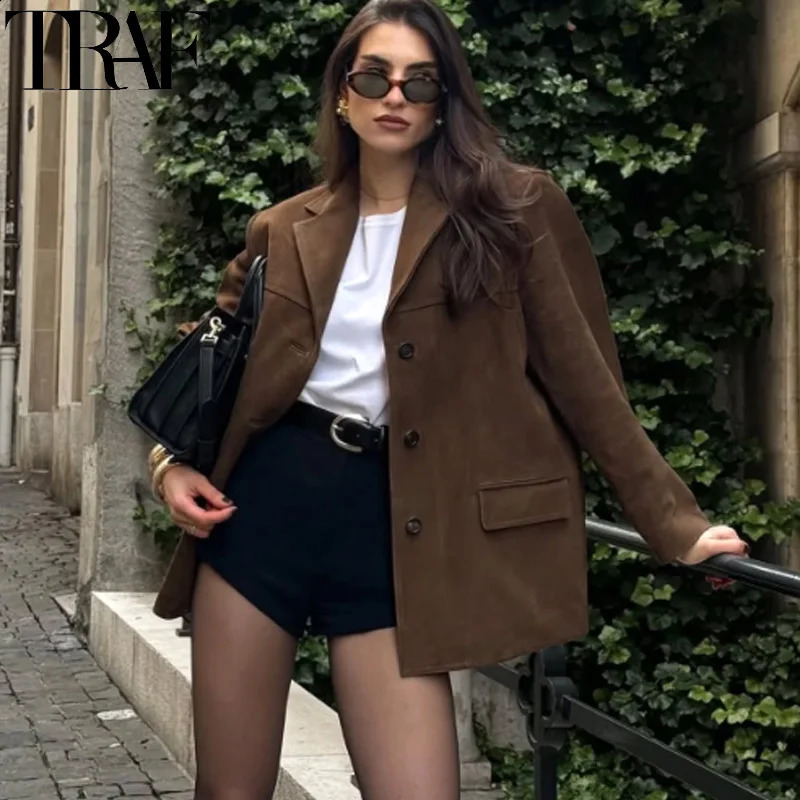 TRAF Womens Blazer Outerwear Office Wear Suede Jacket For Women Long Sleeve Solid Blazer In Jackets Old Money Long Blazer250828