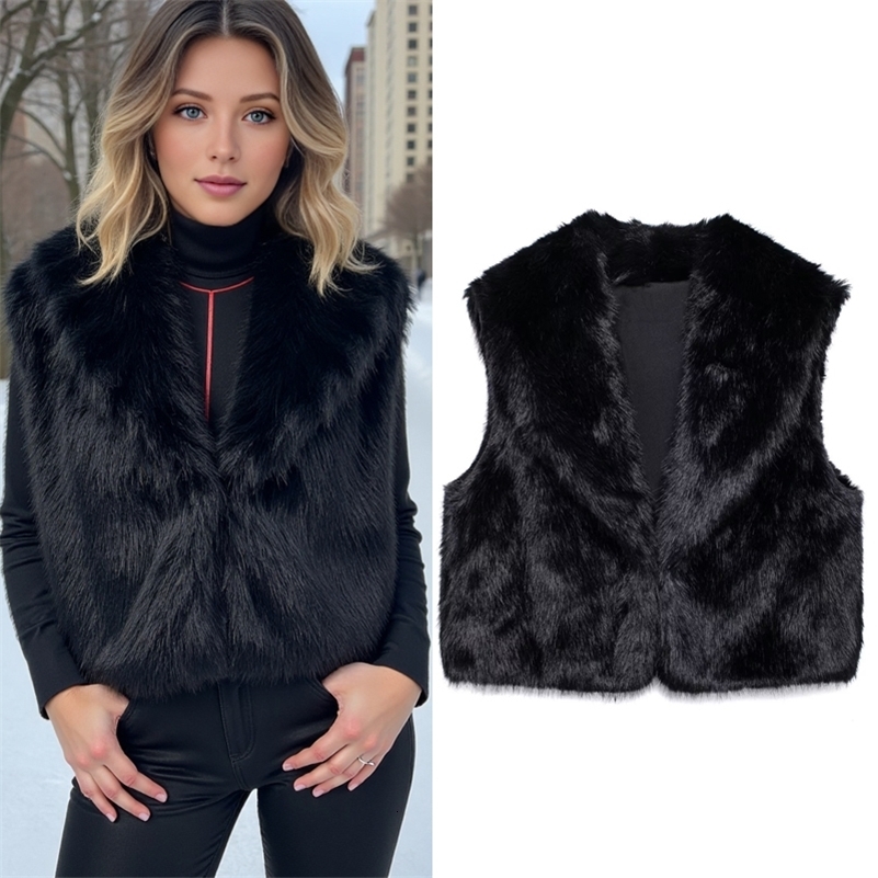 TRAF Fur Vest Female Outerwears Black Plush Fluffy Womens Fur Vest Autumn Winter Faux Fur Vest Coats 250828
