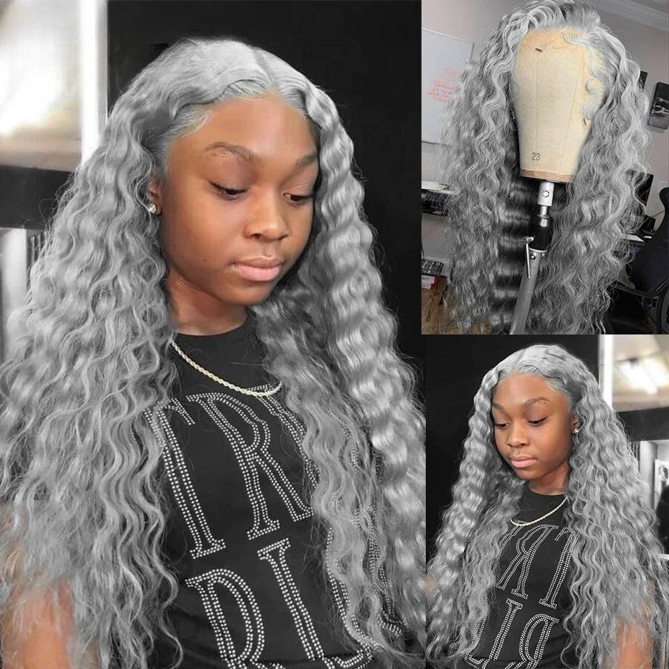 Pernues de cheveux humains à onde profonde de couleur profonde colorée gris sans glue pour les femmes Silver Gris 13x4 Perruque en dentelle pré-c