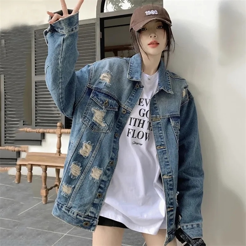 2025 Autumn Long Sleeve Ripped Denim Jacket Women Harajuku Turn Down Collar Loose Coat Woman Streetwear Unisex Jean Jackets 250828