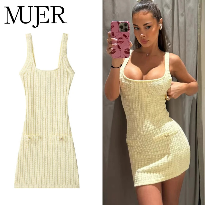 MUJER 2025 Knitted Short Dresses for Women Bodycon Mini Dress Woman Backless Beach Dres Sleeveless Summer 250828