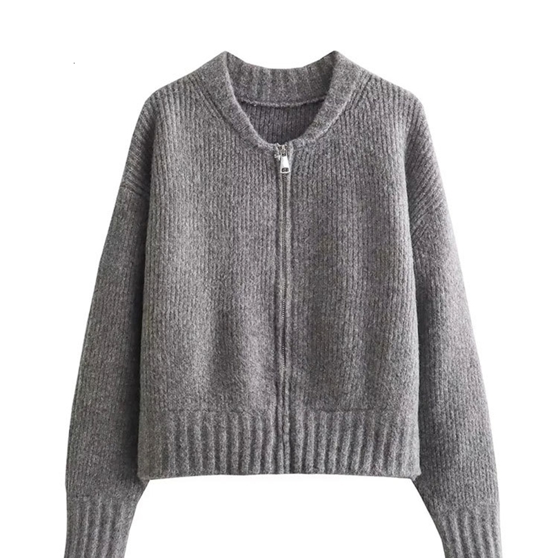 TRAFZA Women Vintage Solid Color Coat Long Sleeve Round Neck Sweater Jacket 2024 Spring Female Casual Zipper Sweater Coats250828