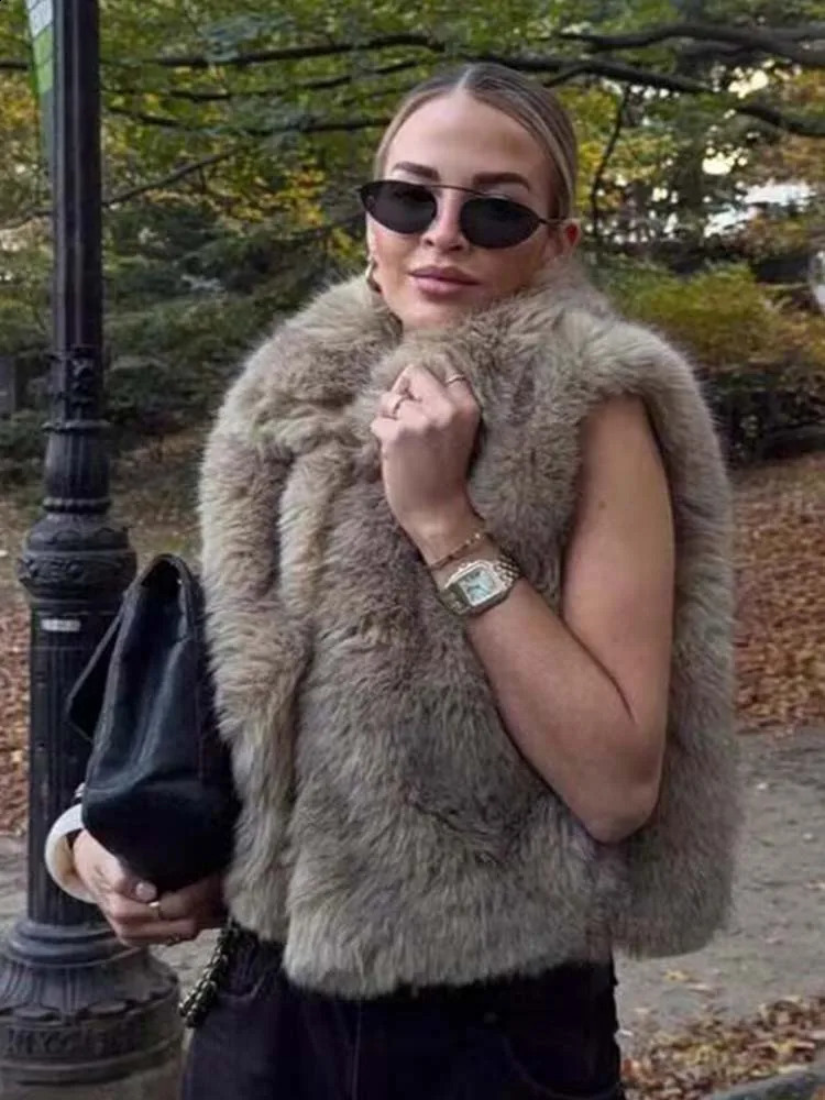TRAF 2025 Women Autumn Winter Fashion Fur Vest Coat Female Chic Sleeveless Short Jacket Casual Waistcoat Tops 250828