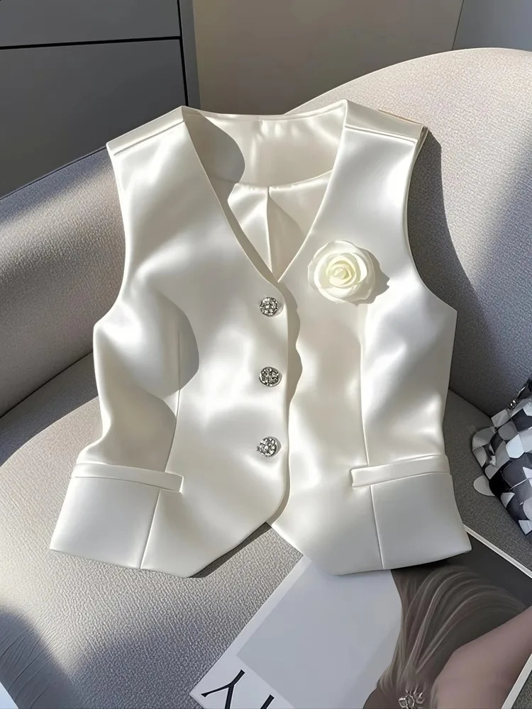 Satin White Jacket Vest Vneck Single Breasted Slim Fit Short Coats Elegant Women Office Lady Temperament Tops Spring Summer 250823