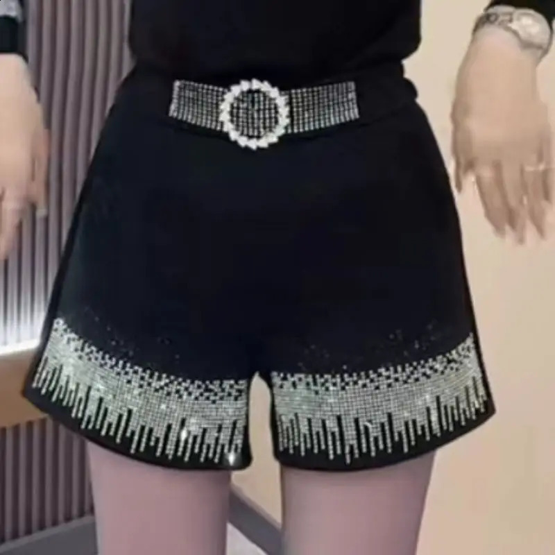 Women Korean Fashion Rhinestone Black High Waist Short Pants Autumn Winter Female Elegant Chic Pockets Slim Thick Aline Shorts 250828