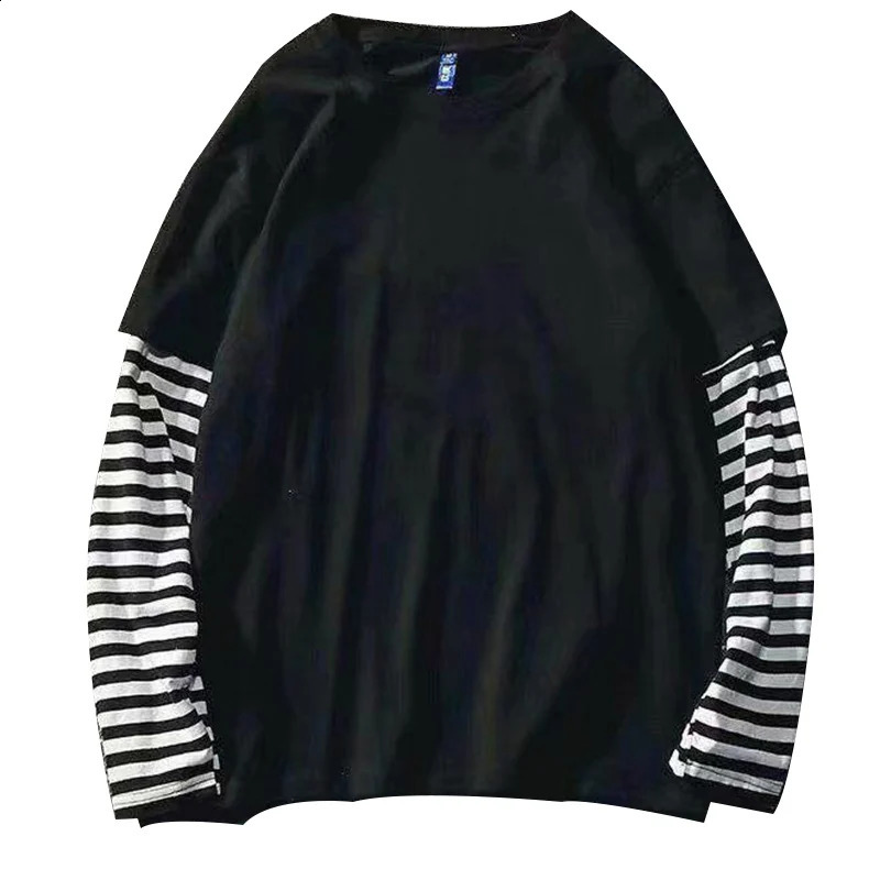 Harajuku Black White Striped Hip Hop Tshirts Men Women Autumn Cotton Two Piece Long Sleeve Loose Tshirt Female 250828