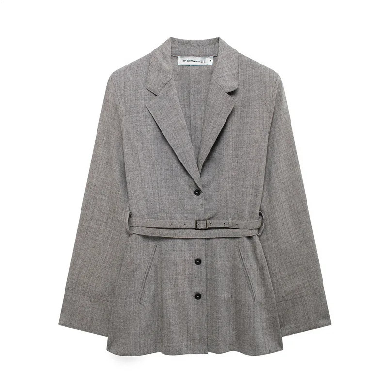 Slimfit Blazer with Belt Single Breasted Loose long sleeve Gray Suit Jacket female autumn outwear chic coat for women 2025 250828