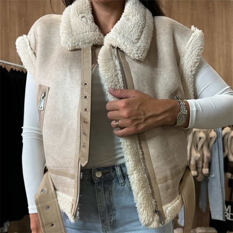 Women Winter Faux Suede Vest Sleeveless Zipper Up Fleece Sherpa Lined Jacket Fashion Solid Color Casual Outerwear Coat 250828