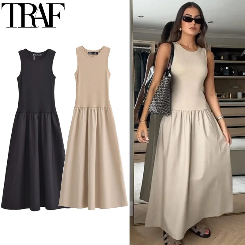 TRAF Knitted Dresses 2025 Woman Sleeveless Black Long Dres Bodycon Summer Solid s Midi Casual 250828