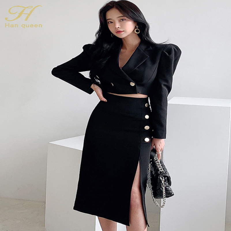 H Han Queen Spring Autumn 2 Pieces Set Women Cropped Blazer Fork Pencil Skirts Casual Simple Office Lady Skirt Suit 250828