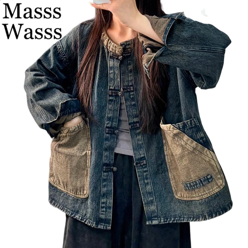 Masss Wasss Chinese 2025 Fall Women Fashion Big Size Vintage Casual Denim Jackets Ladies Classic Loose Coats Patchwork Outerwear 250828