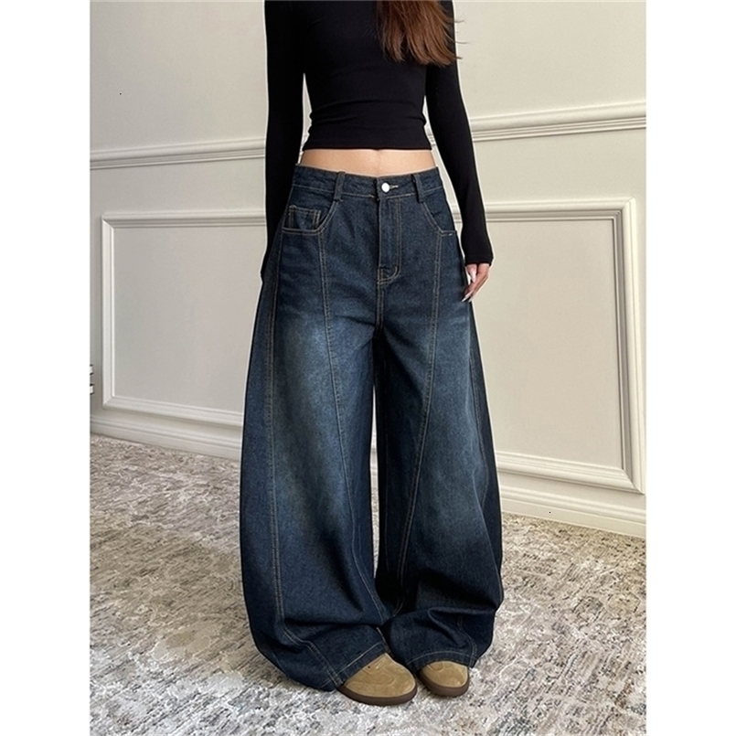 Blue Womens Retro Y2K 2000s Wide Leg Baggy Casual Denim Trouser High Waist Loose Jeans 2024 Autumn Harajuku Full Length Pants250828ww