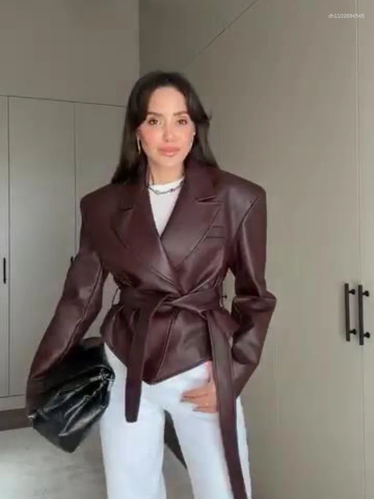 Women's Jackets Cardigan Lace Up Leather Jacket Woman Solid Color Waist Cinching Long Sleeves Versatile Coats Fashion Lapel