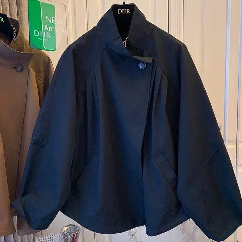 French retro fashion collar solid color windbreaker womens spring and autumn plus size loose temperament Joker casual coat250828