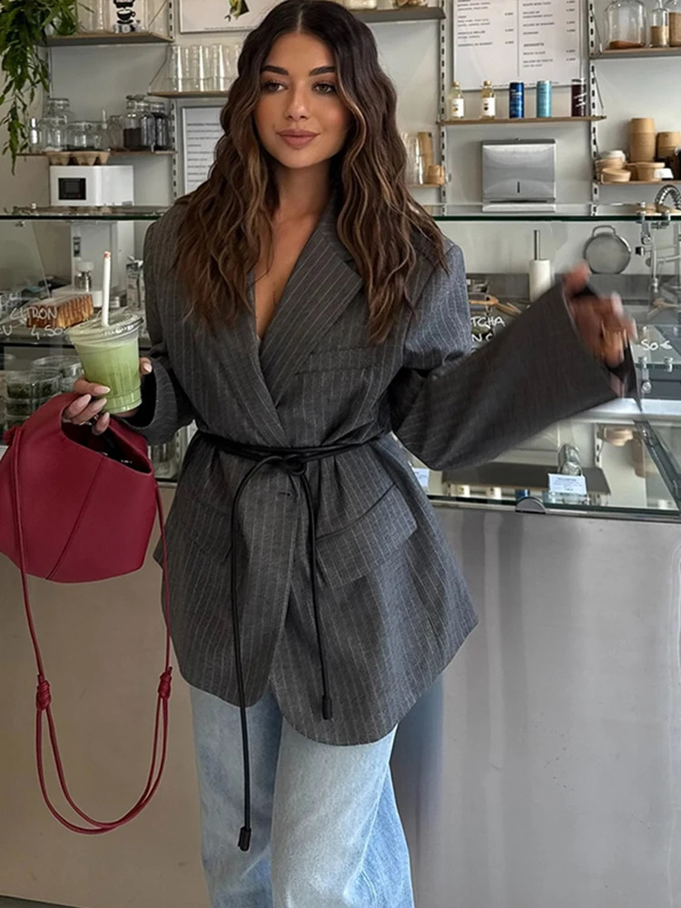 Fashion Striped Womens Blazer Jacket Casual Laple Full Sleeve Lace Up Pocket Female Coat Lady 2025 Autumn Chic Street Outerwear 250828