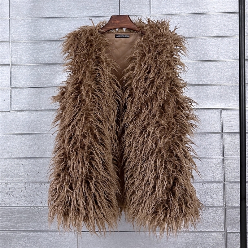 2025 Autumn Fashion Women Middle Long Fluffy Colorful Mongolia Sheep Fur Vest Female Sleeveless Faux Fur Jacket Vest 250828