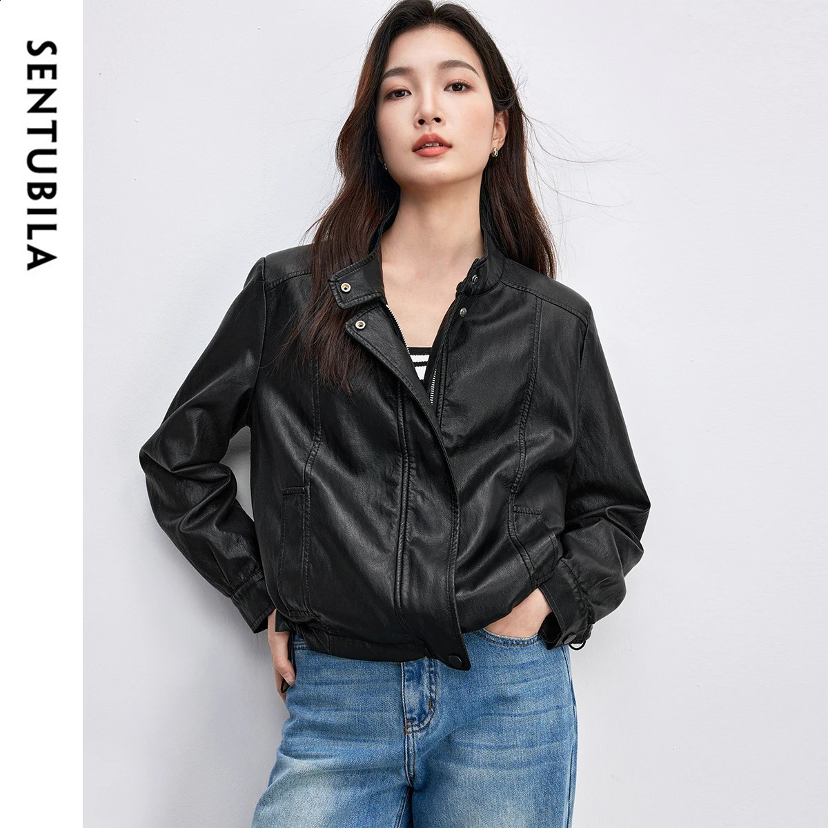 SENTUBILA Faux Leather Jackets Women 2025 Spring Fashion Retro Straight Stand Neck Zipper Cropped Highstreet Pu Coats W51G80160 250828