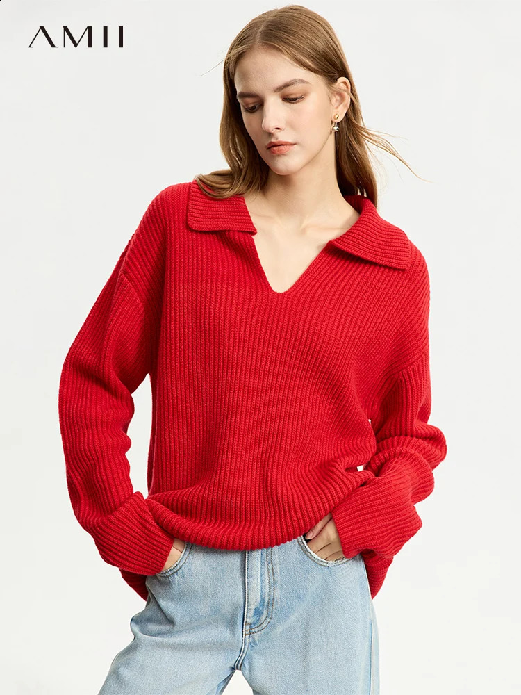 AMII Minimalist French Lazy Style Sweaters for Women 2025 Winter Loose Casual Turndown Vneck Long Sleeve Blouses 12344142 250828