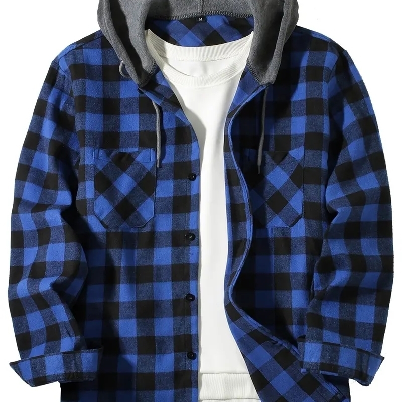 Youth Fashion Street Hooded Plaid Shirt Mens Slim Fit Long Sleeved Couple Travel Casual Sports Jacket y250828