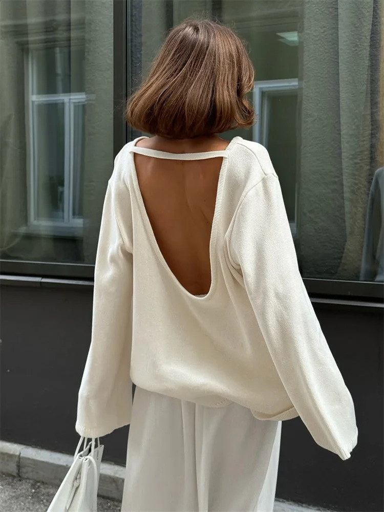Tossy Female Backless Loose Knitwear Sweater Solid Casual Elegant Long Sleeve Patchwork Commute Clothes Womens Knit Pullover 250828