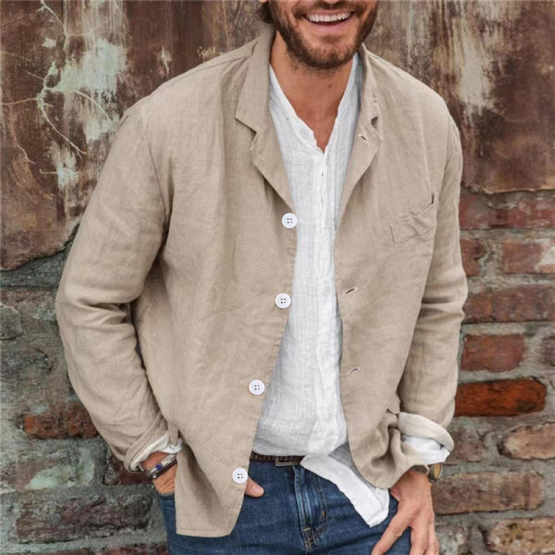 Mens Casual Loose Suit Jacket Fashion Solid Color Lapel Button Long Sleeve Linen Cardigan Coat Business 250828
