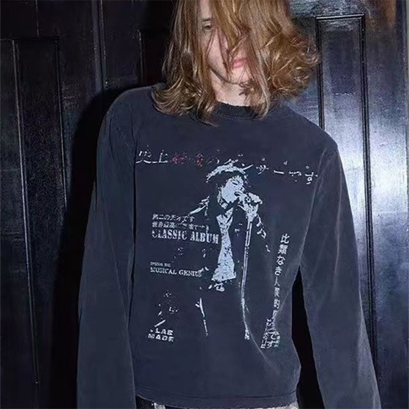 Hip Hop Vintage 2000s Casual Letter Print Y2k Long Sleeve ONeck Streetwear Harajuku Gothic Tee Crop Top Men Clothes ropa hombre250828ww