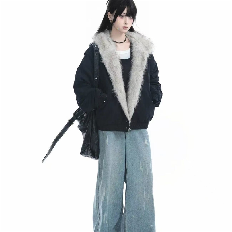 American Harajuku Warm Jacket Mens and Womens Retro Simple Plush Jacket with Loose Leather Motorcycle Punk Fur Collar Jacket250828