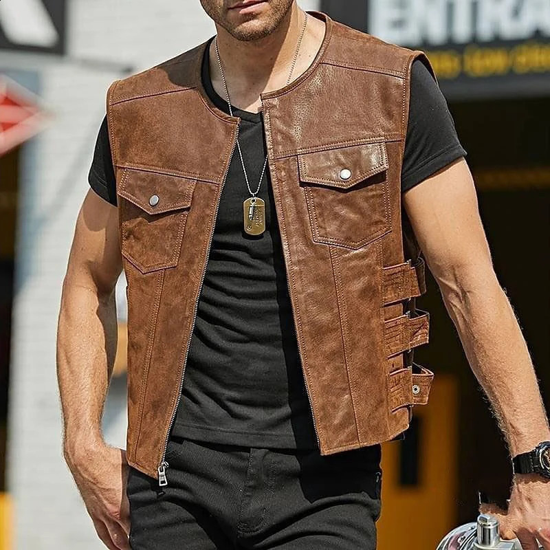 Leather Vest Jacket Mens Motorcycle Style Zipper Slim Sleeveless PU Coats Streetwear Men Clothing Fashion Cycling Short Jackets 250828
