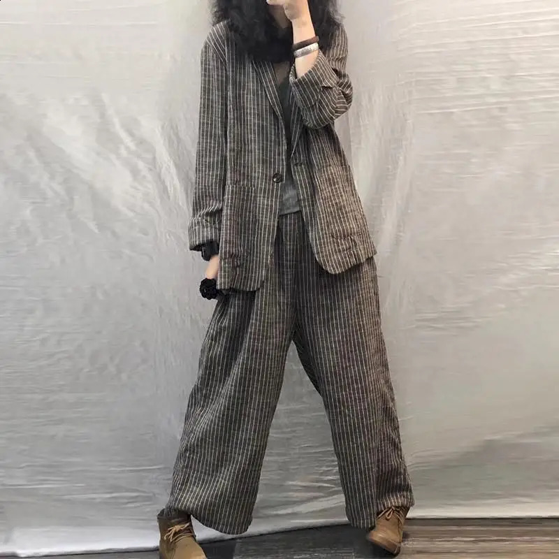2025 Spring Autumn Women Suit Large Size Casual Suits Fashion Art Retro Loose 2 Piece Set Women Suit Blazer And Pants Linen Set 250828