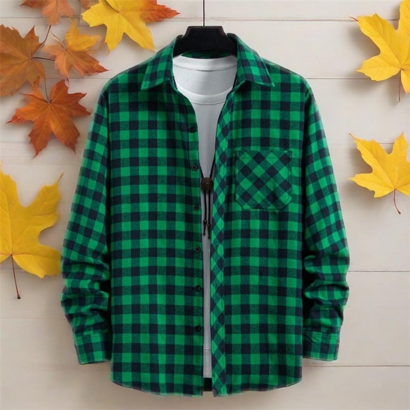 Mens longsleeved lapel allmatch plaid shirt spring and autumn fashion casual outdoor mens y250828
