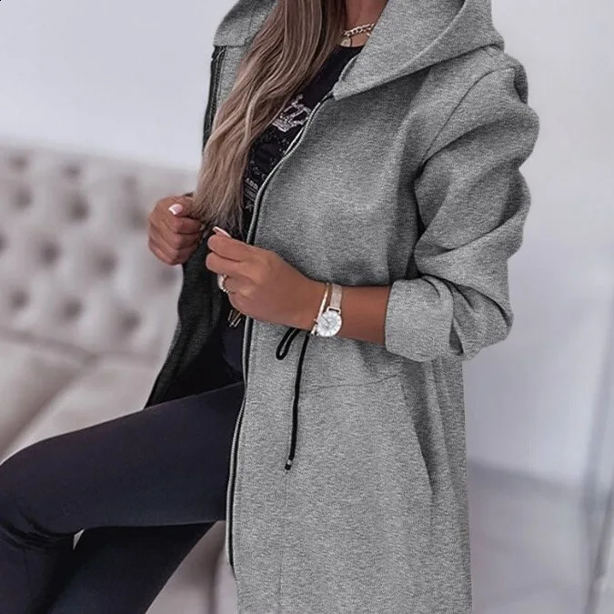 Women Hooded Zipper Coats Full Sleeved Thick Jackets Solid Tight Waist Spliced Midi Length Coat Pockets Casual Regular250828