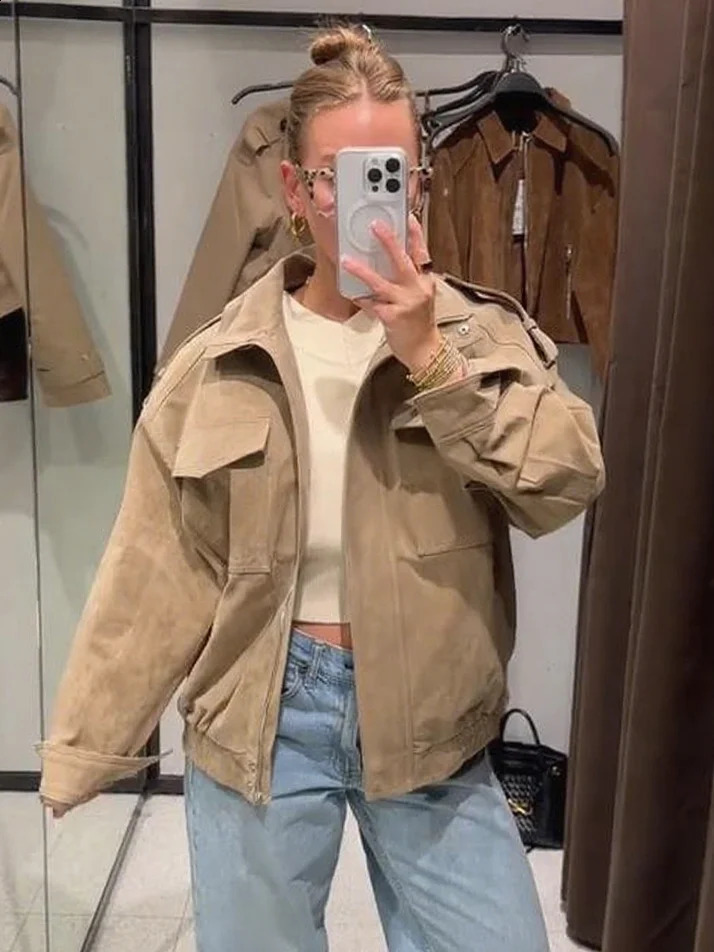 Womens Chic Zipper Bomber Coat Fashion Stand Collar Long Sleeve Pocket Female Jacket Lady 2025 Autumn Winter Casual Outerwear 250828