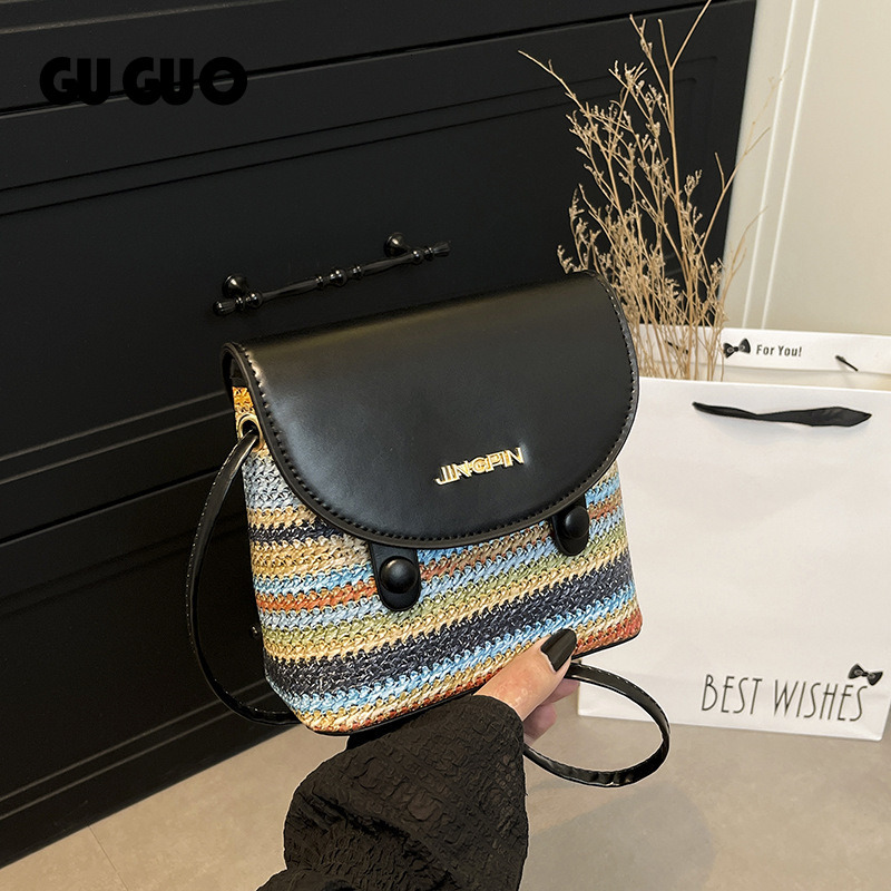 Free Shipping New Designer Bag Super Popular Rainbow Woven Color-block Small Bag New Fashion Simple Design Trendy Casual Single Shoulder Crossbody S