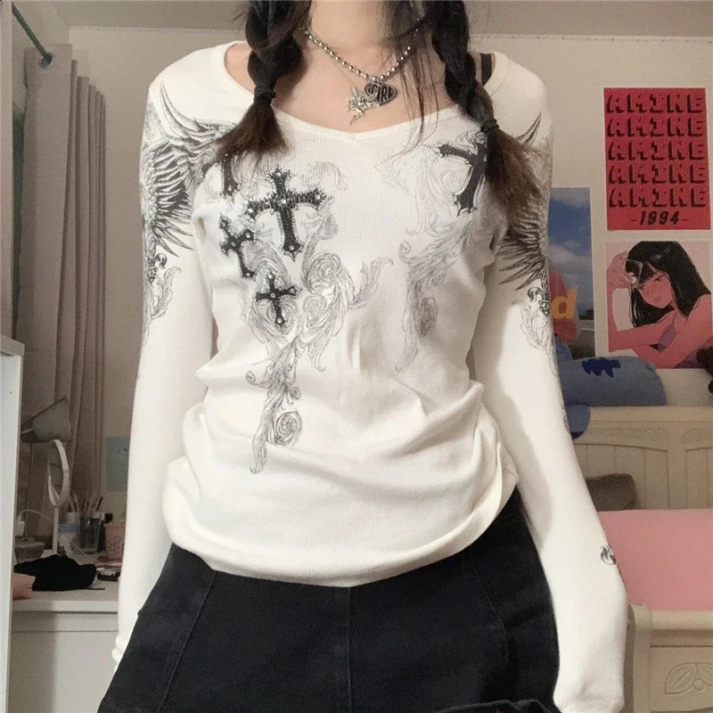 Y2k Graphic Cross Wings Print Long Sleeve Women Grunge Fairy Tshirt Harajuku Tee 2000s Aesthetic Punk Style Clothes Streetwear 250828