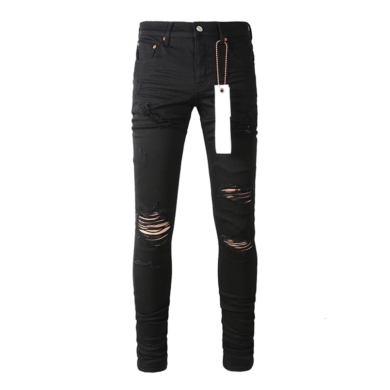Mens High Street American Fashion Style Jeans Distressed Black Damaged Holes Stretch Skinny Button Fly Ripped Jeans250828